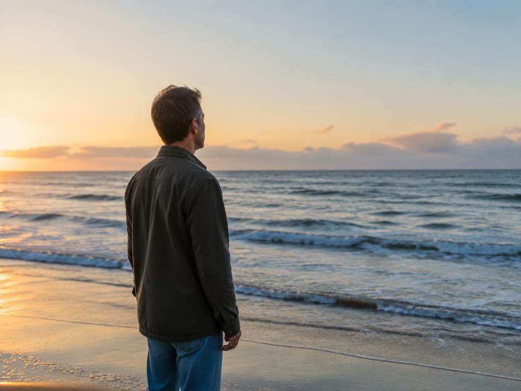 Hombre de pie frente al horizonte del mar al amanecer