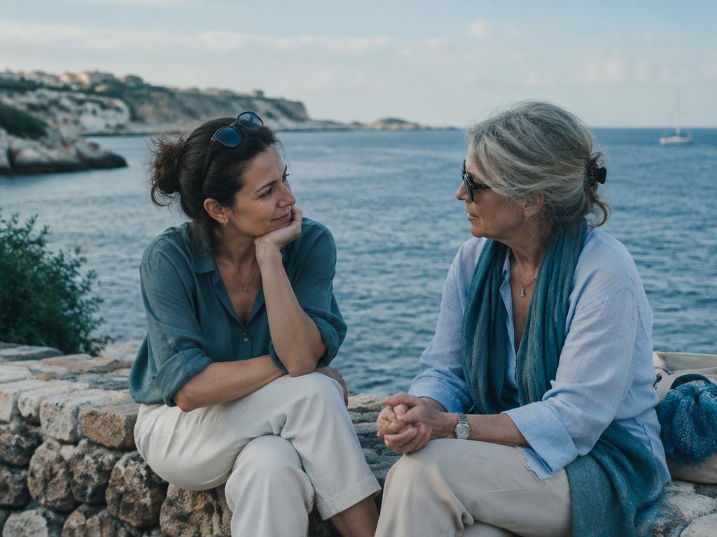 Dos mujeres conversando con calma frente al mar