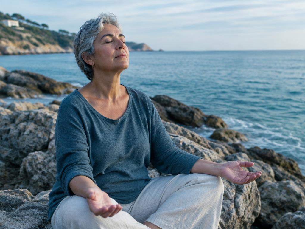 Mujer mayor sentada sobre las rocas junto al mar, con las manos abiertas y los ojos cerrados, soltando